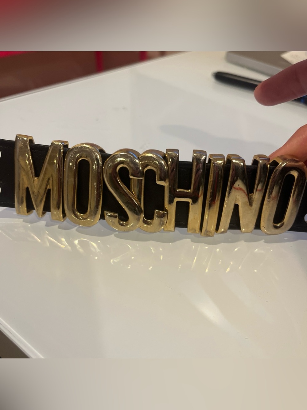 Moschino Men’s Black Leather Belt with Gold Logo Buckle No belt just letters